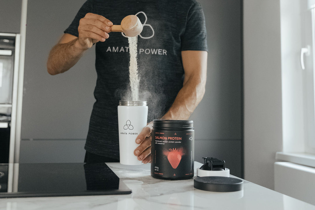 Amata Power lazacfehérje. 87 % fehérjetartalom. Gyors felszívódás. Tejmentes. Szénhidrátmentes. Keto. Paleo. Hidrolizált lazac protein. Természetes összetevők. Stevia. Testépítés. Izomtömeg növelés. Regeneráció.